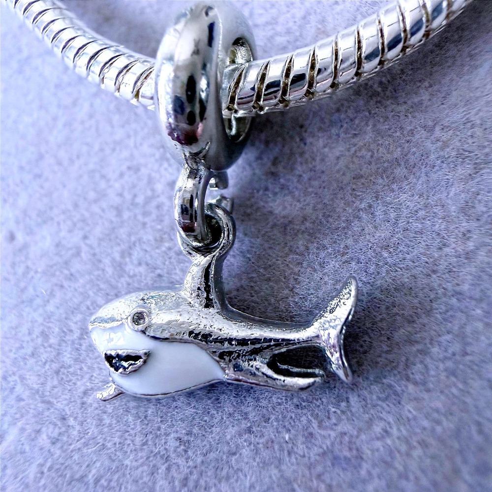 Shark Dangle Charm White Enamel Ocean Jewelry fits PANDORA